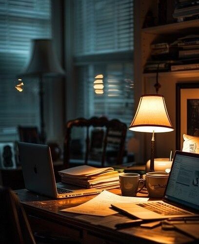 Stimmungsvoller Arbeitsplatz mit Laptop, Unterlagen und warmer Schreibtischlampe